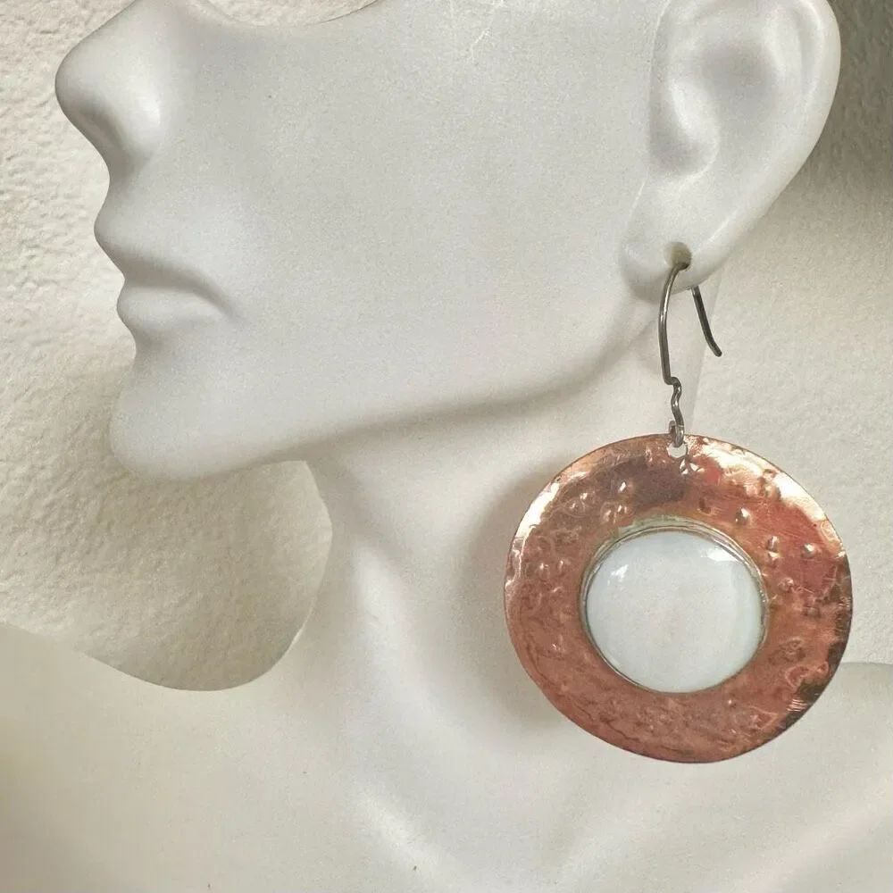 Silver plated Copper  and white circle drop earrings